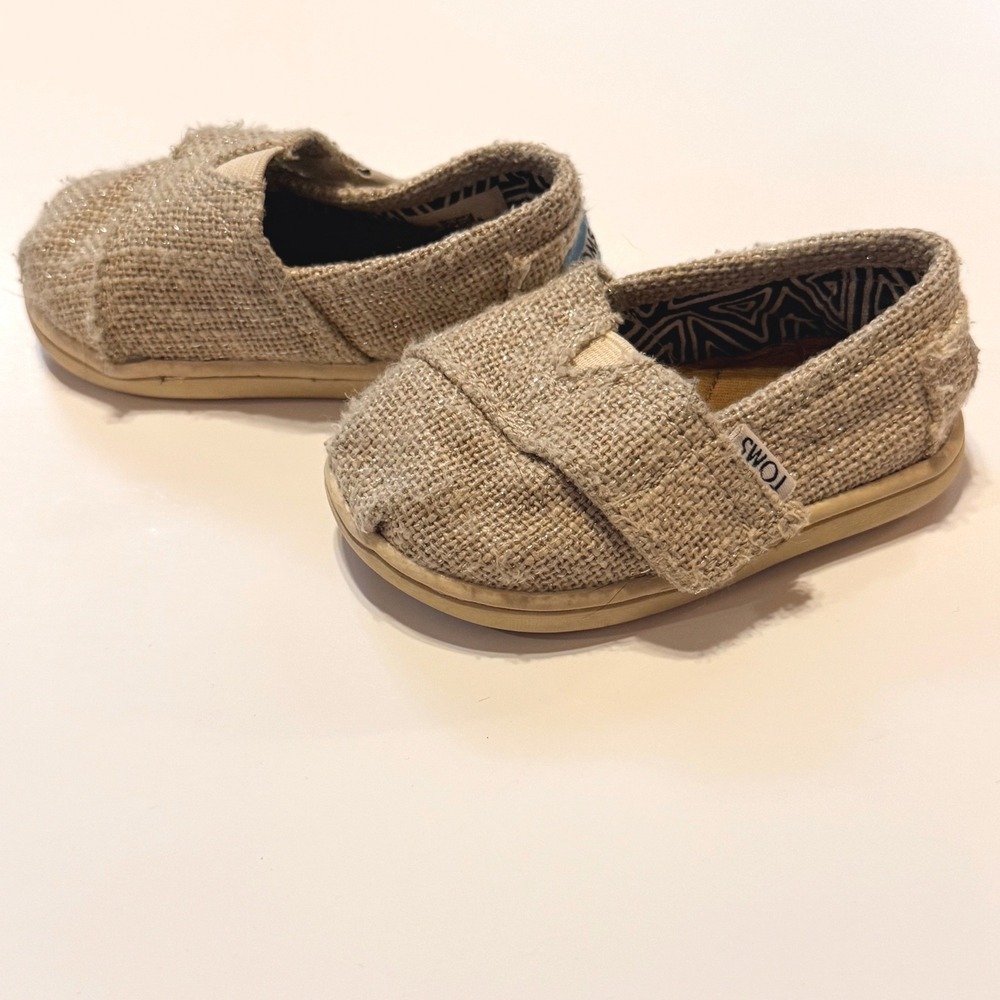 TOMS Tiny Classic Alpargata Burlap Metallic Shimmer Slip On Shoes 4